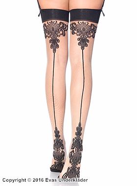 Thigh high stockings, back seam, plain front, cuban heel, baroque pattern